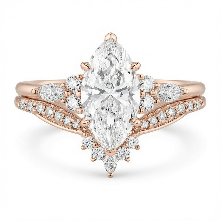 2.75 CT Marquise Lab-Grown Diamond 2PCS Bridal Set in 14K White Gold – Cluster V-Prong Filigree Wedding Ring Design