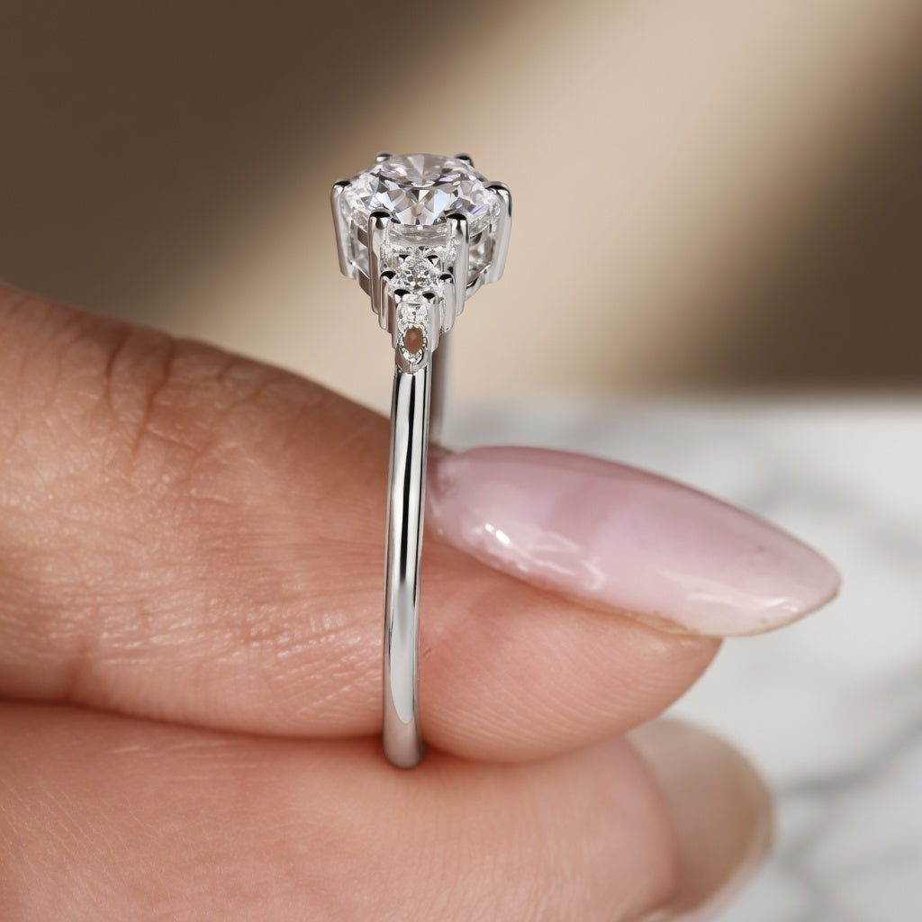 1.00 CT Round Cut Lab-Grown Diamond Three-Stone Engagement Ring in 14K White Gold – Six Prong Classic Design