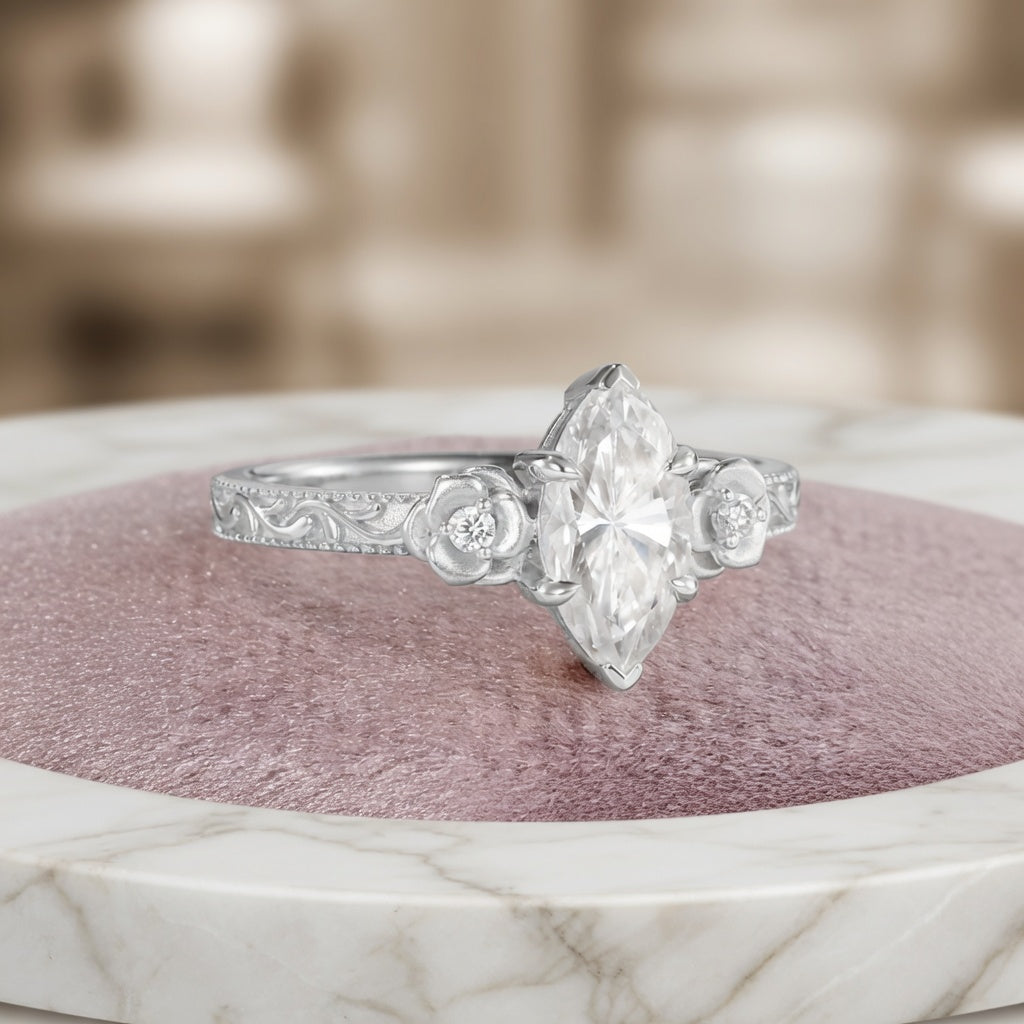 3.00 CT Vintage Marquise Cut Lab-Grown Diamond Engagement Ring in 14K White Gold – Milgrain Filigree Floral Vine Design