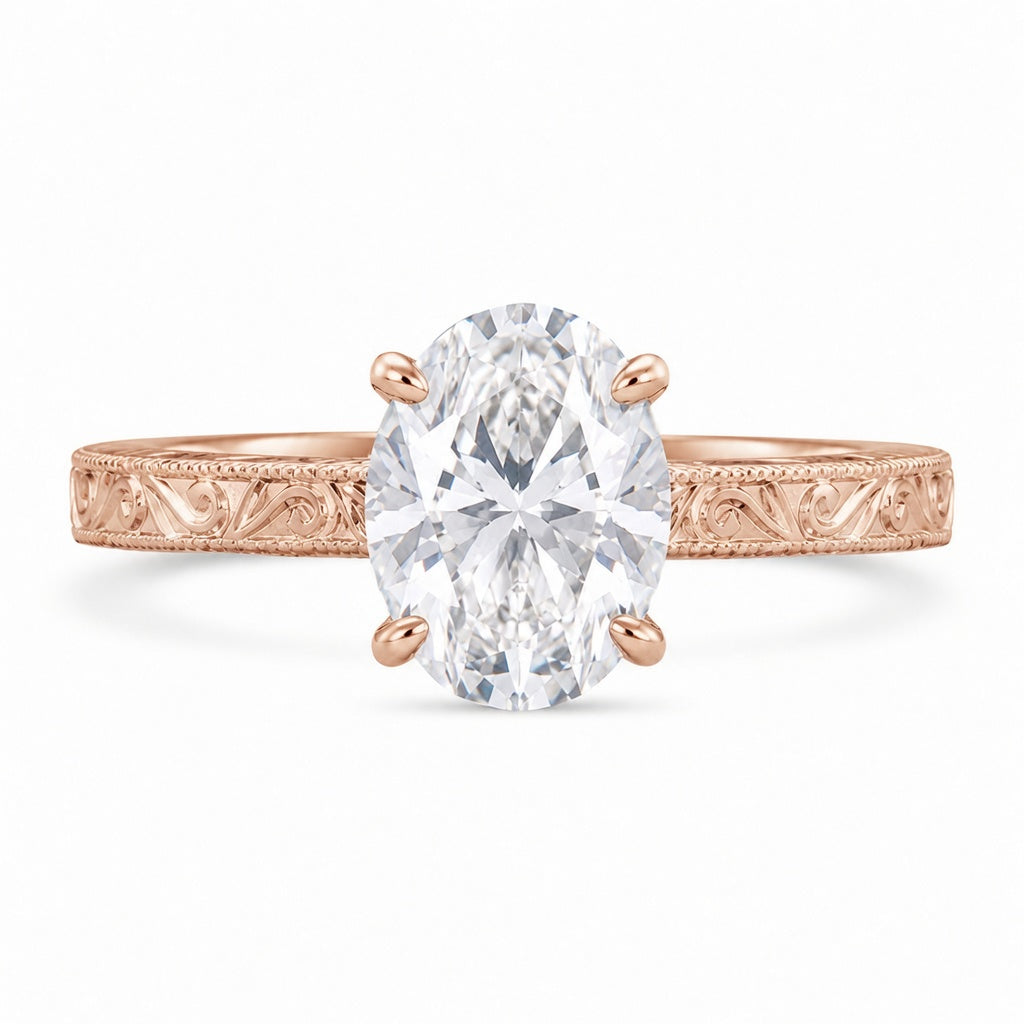 4.00 CT Oval Cut Lab-Grown Diamond Engagement Ring in 14K White Gold – Engraved Victorian Hidden Halo Design