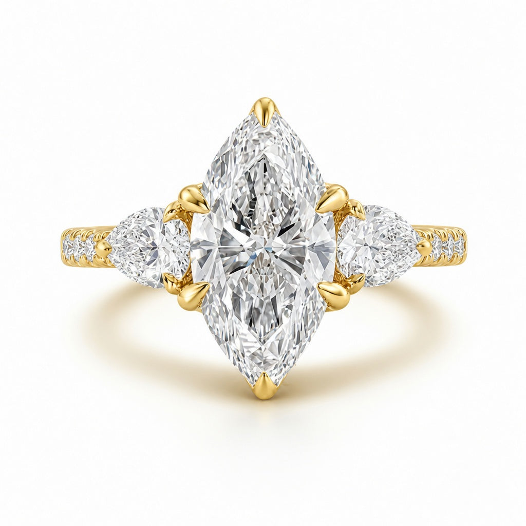 3.00 CT Marquise Cut Lab-Grown Diamond Three-Stone Engagement Ring in 14K White Gold – Pear Side Diamond Pavé Trilogy Design