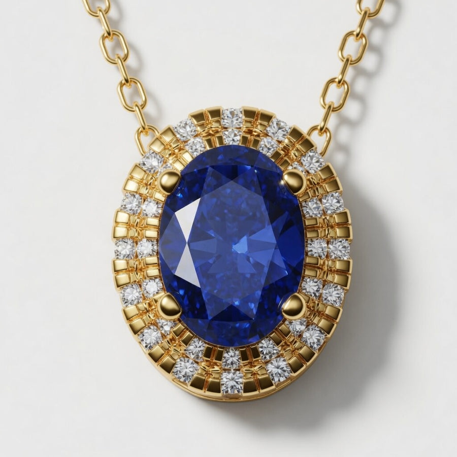 1 CTW Round Lab Grown Diamond Halo Pendant with 7.9x5.53 mm Oval Created Sapphire & Adjustable Chain
