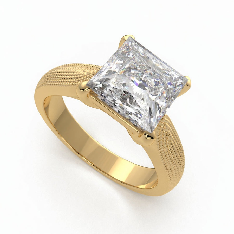 Valentina 3 Carat Princess Cut Solitaire Tapered Milgrain Engagement Ring