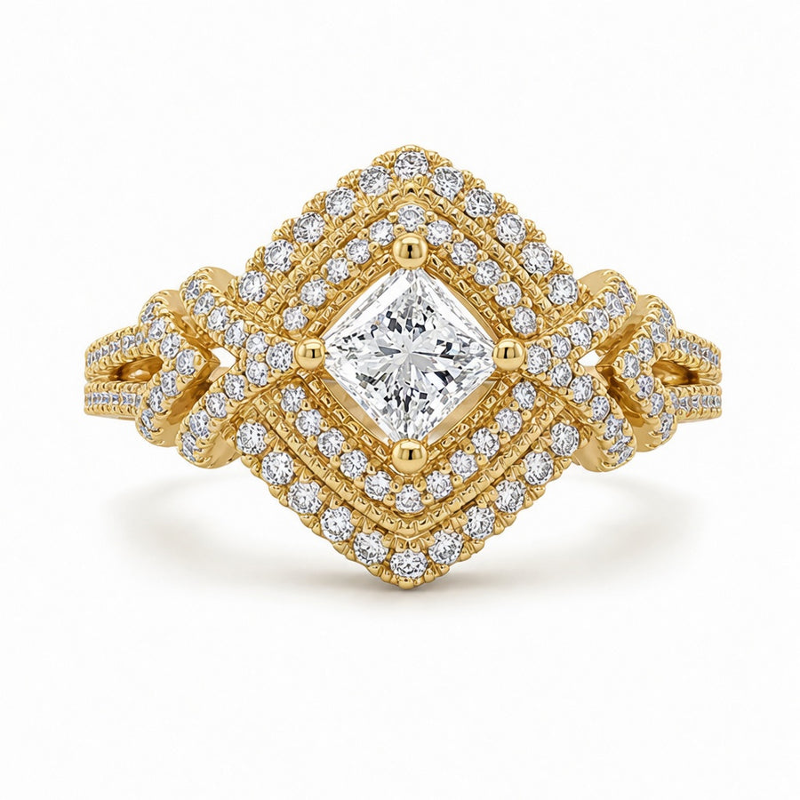 1.50 CT Princess Cut Lab-Grown Diamond Double Halo Engagement Ring in 14K White Gold – Round Diamond Bridal Design