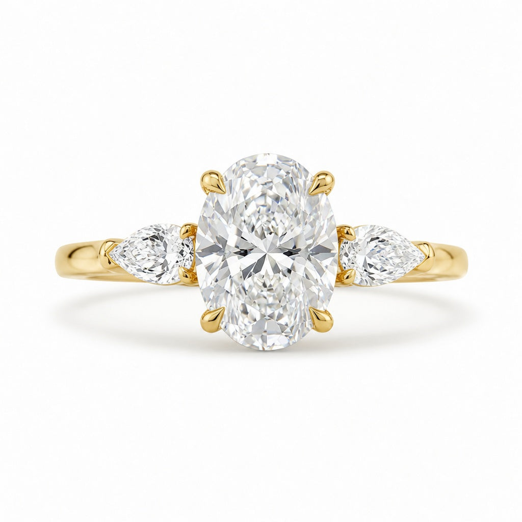 1.70 CT Oval Lab-Grown Diamond Three-Stone Engagement Ring in 14K White Gold – Pear Side Diamond Wedding Design