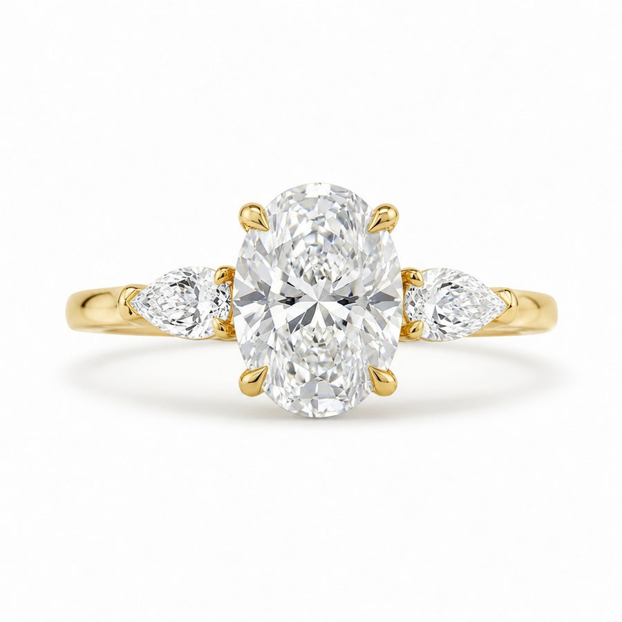 1.70 CT Oval Lab-Grown Diamond Three-Stone Engagement Ring in 14K White Gold – Pear Side Diamond Wedding Design