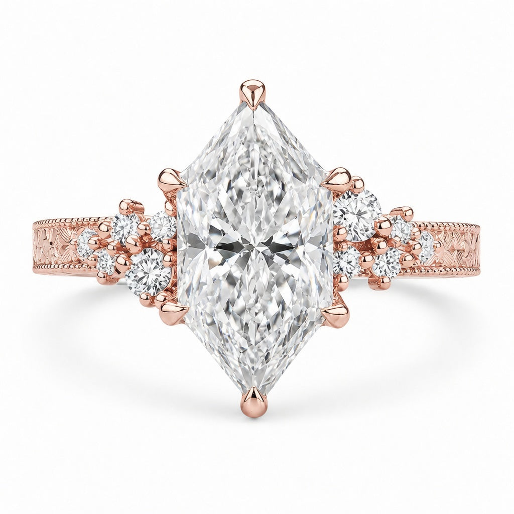 3.00 CT Vintage Inspired Dutch Marquise Lab-Grown Diamond Engagement Ring in 14K White Gold – Hand-Engraved Milgrain Floral Tulip Design