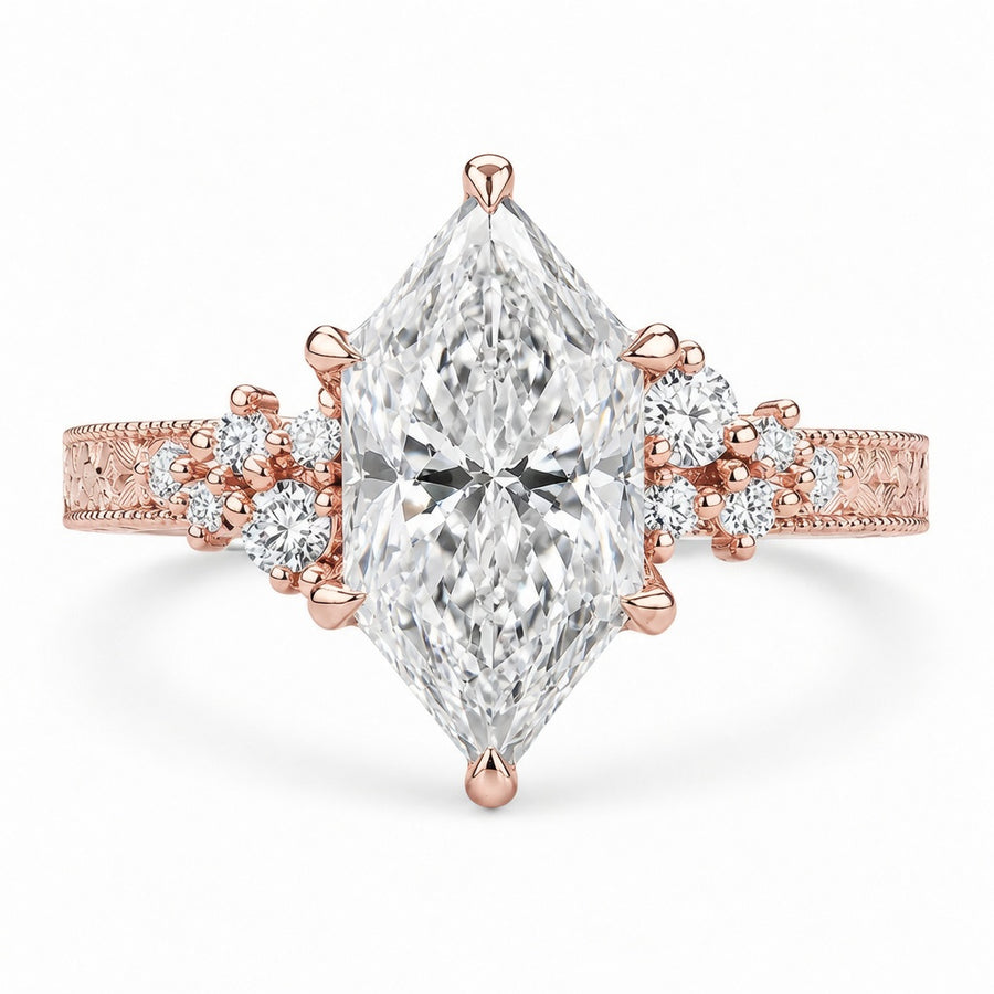 3.00 CT Vintage Inspired Dutch Marquise Lab-Grown Diamond Engagement Ring in 14K White Gold – Hand-Engraved Milgrain Floral Tulip Design
