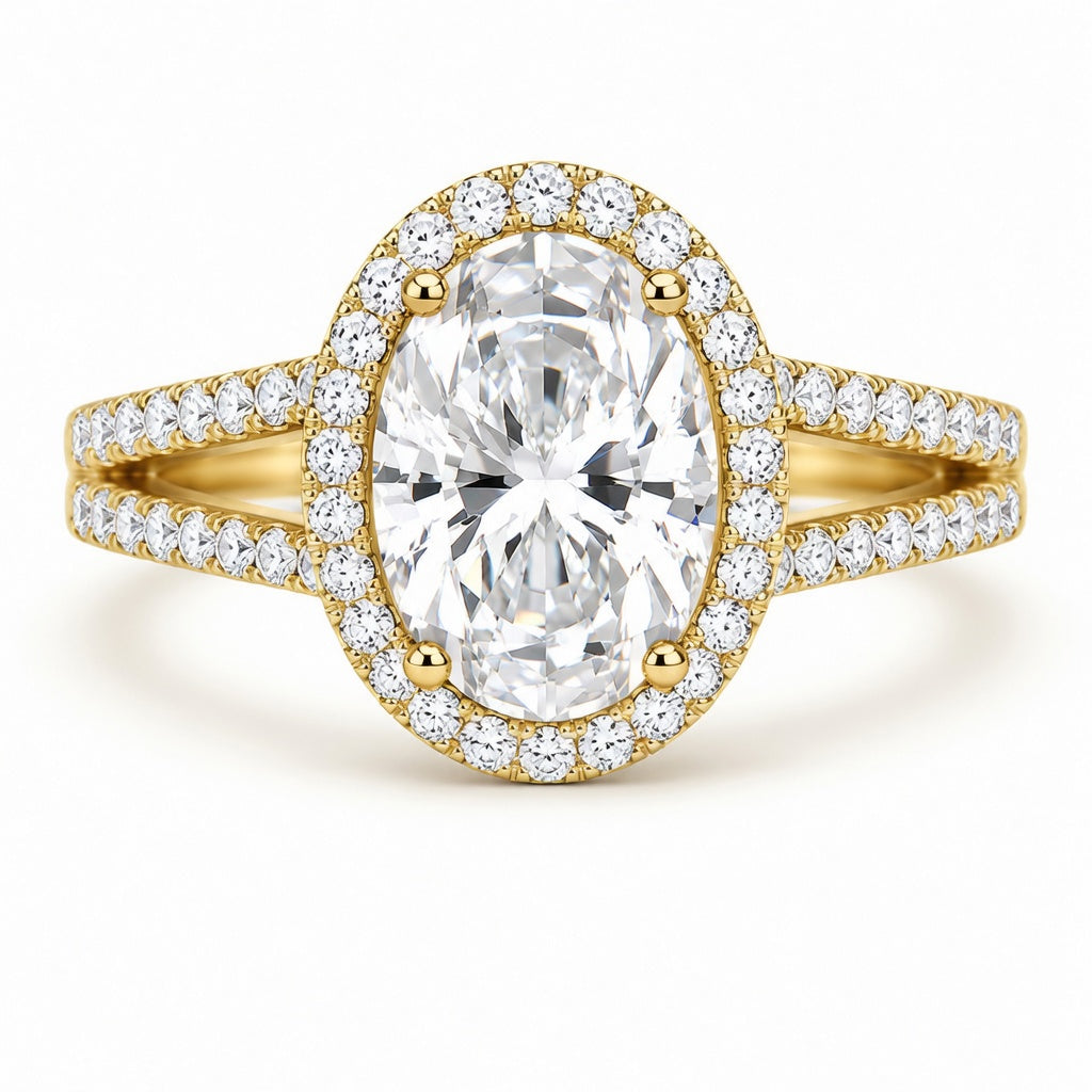 2.50 CT Oval Cut Lab-Grown Diamond Double Halo Engagement Ring in 14K White Gold – Split Shank Hidden Halo Design