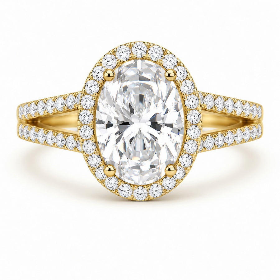 2.50 CT Oval Cut Lab-Grown Diamond Double Halo Engagement Ring in 14K White Gold – Split Shank Hidden Halo Design