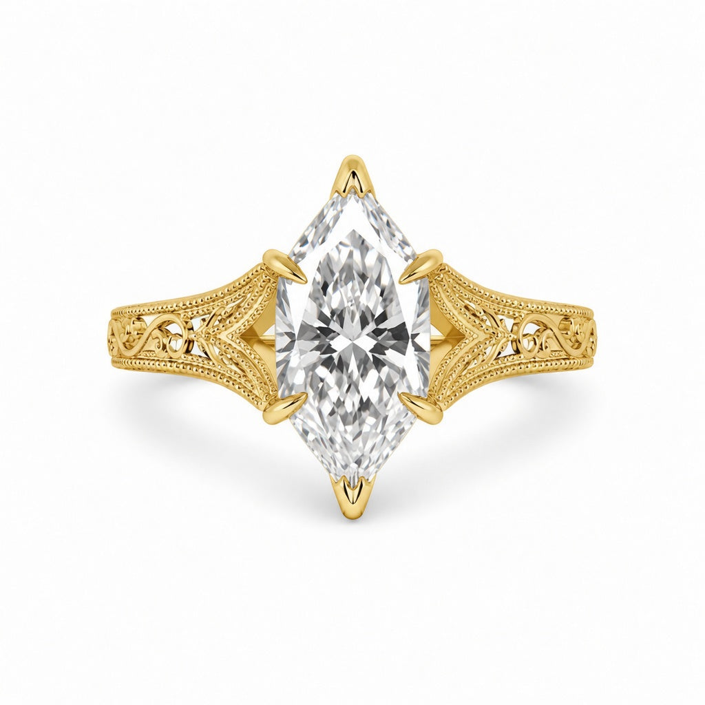 3.00 CT Filigree Dutch Marquise Cut Lab-Grown Diamond Engagement Ring in 14K White Gold – Engraved Solitaire Bridal Design