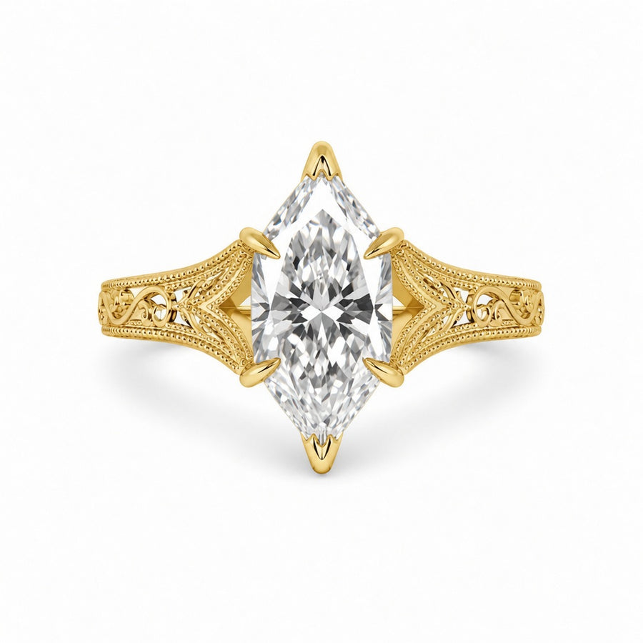 3.00 CT Filigree Dutch Marquise Cut Lab-Grown Diamond Engagement Ring in 14K White Gold – Engraved Solitaire Bridal Design