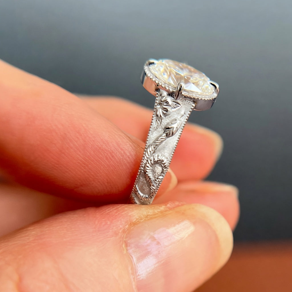 2.00 CT Art Deco Oval Cut Lab-Grown Diamond Engagement Ring in 14K White Gold – Handcrafted Milgrain Bezel Vintage Design
