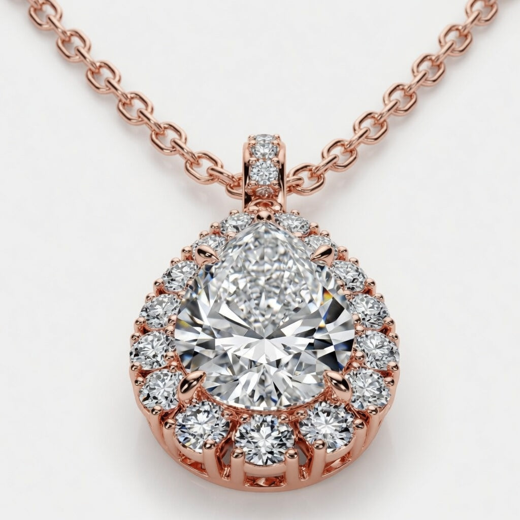 2.00 Carat Pear Cut Lab-Grown Diamond Halo Pendant VS1 D-F 14K White Gold with Adjustable Chain