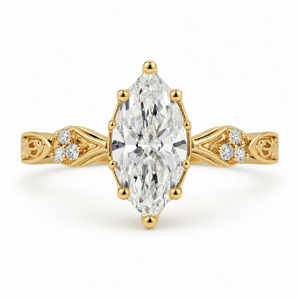 2.20 CT Vintage Inspired Marquise Lab-Grown Diamond Bridal Set in 14K White Gold – Hand-Engraved Art Deco Cluster Design