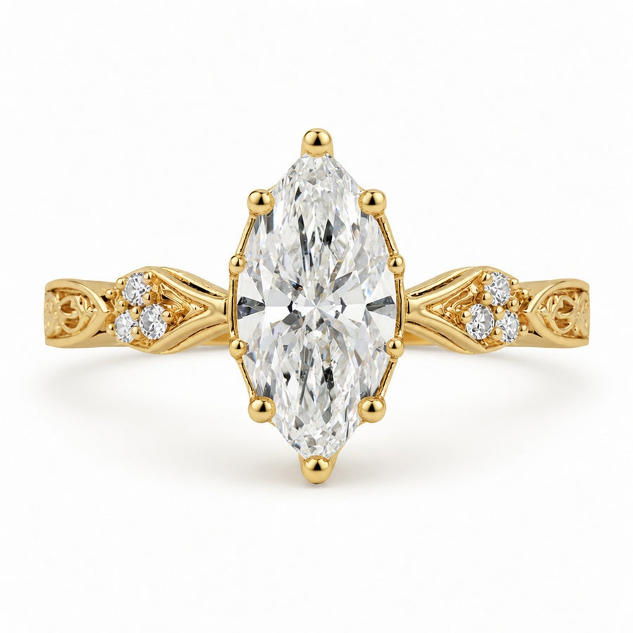 2.20 CT Vintage Inspired Marquise Lab-Grown Diamond Bridal Set in 14K White Gold – Hand-Engraved Art Deco Cluster Design