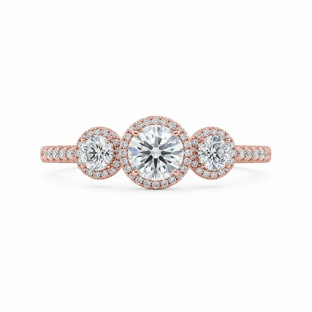 2.00 CT Round Cut Lab-Grown Diamond Three-Stone Halo Engagement Ring in 14K White Gold – Vintage Bridal Design
