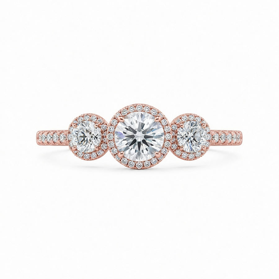 2.00 CT Round Cut Lab-Grown Diamond Three-Stone Halo Engagement Ring in 14K White Gold – Vintage Bridal Design