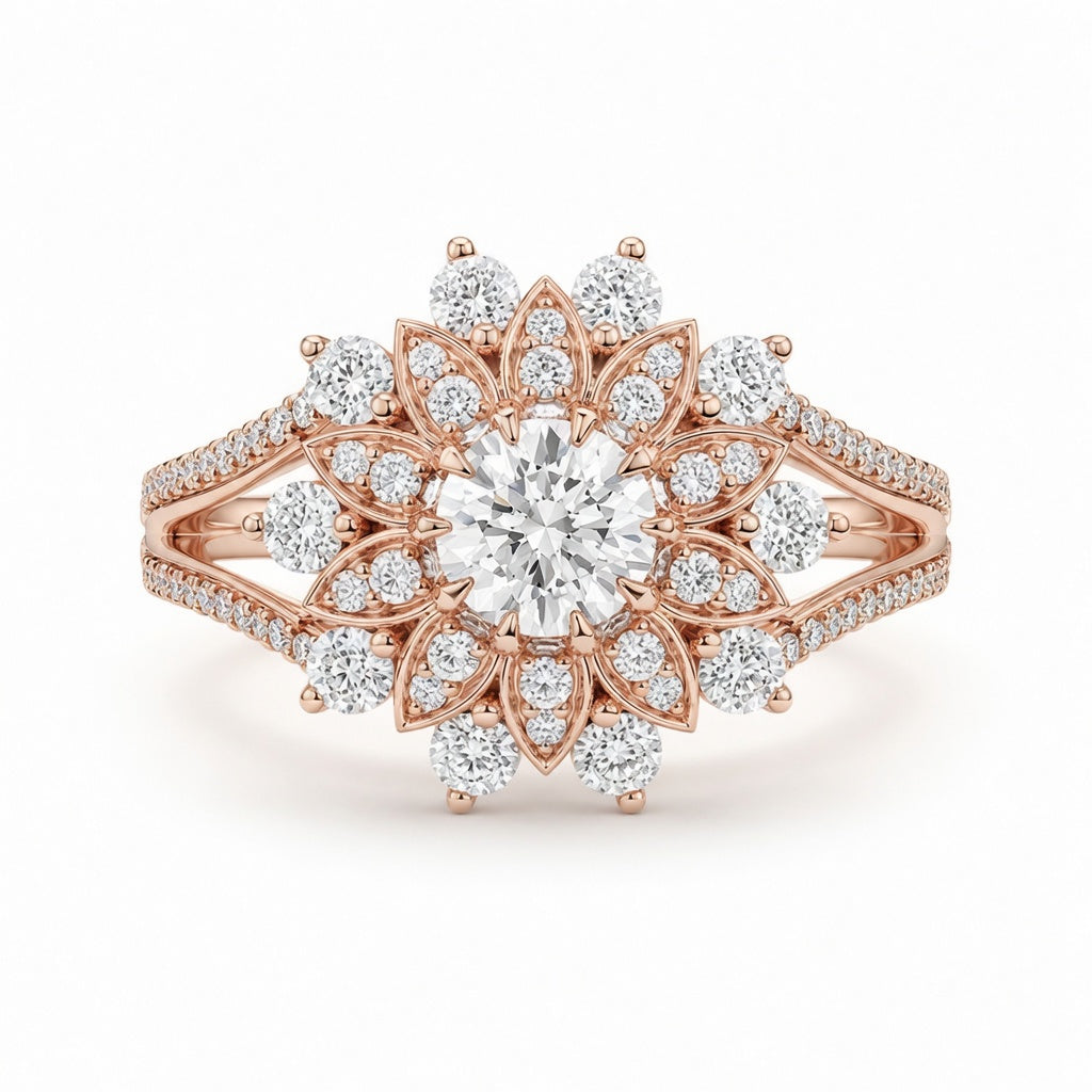 2.45 CT Flower Cluster Lab-Grown Diamond Double Halo Engagement Ring in 14K White Gold – Art Deco Sunburst Floral Design
