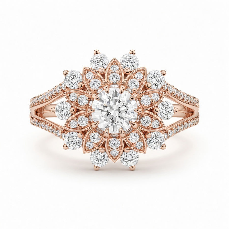 2.45 CT Flower Cluster Lab-Grown Diamond Double Halo Engagement Ring in 14K White Gold – Art Deco Sunburst Floral Design