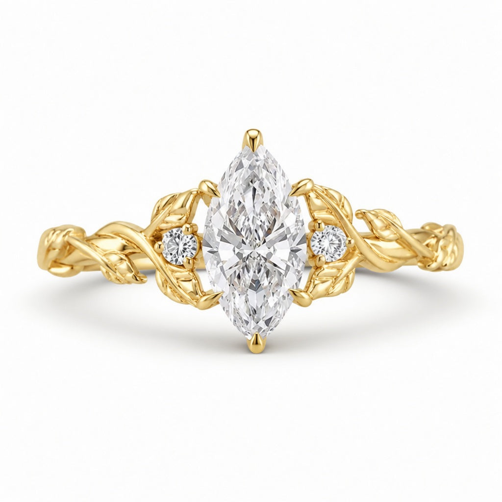 1.00 CT Marquise Lab-Grown Diamond Engagement Ring in 14K White Gold – Engraved Leaf Design Promise Ring