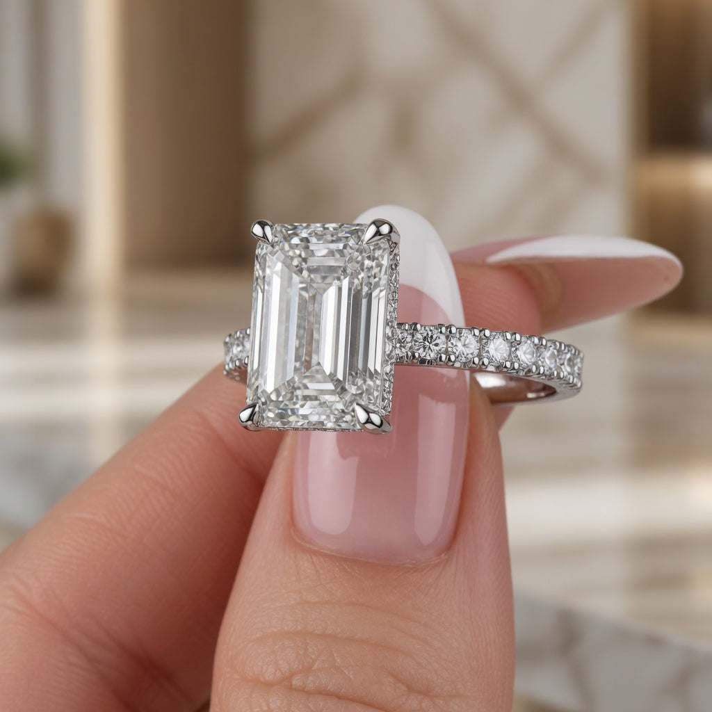 4.00 CT Emerald Cut Lab-Grown Diamond Hidden Halo Engagement Ring in 14K White Gold – Stackable Anniversary Design