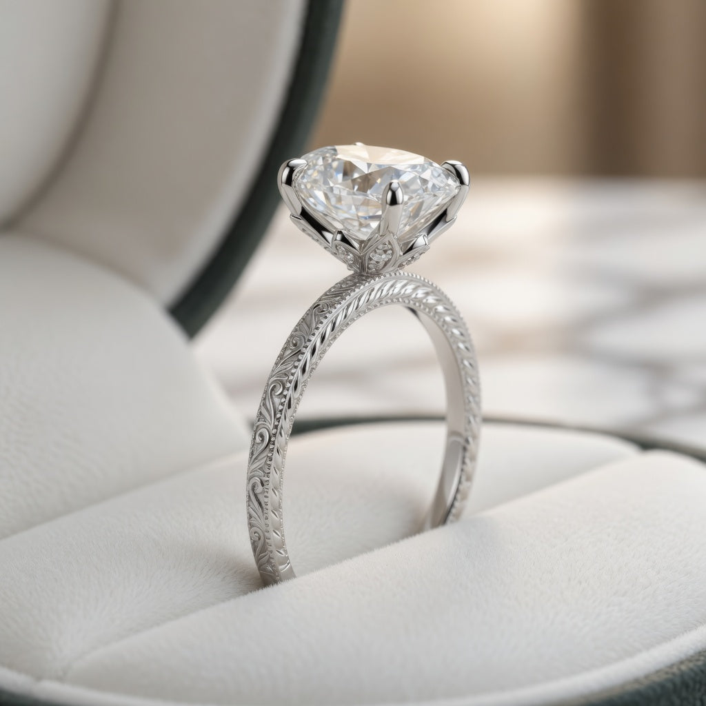 4.00 CT Oval Cut Lab-Grown Diamond Engagement Ring in 14K White Gold – Engraved Victorian Hidden Halo Design