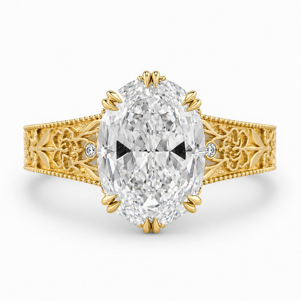 5.00 CT Oval Ashoka Style Lab-Grown Diamond Engagement Ring in 14K White Gold – Vintage Hand-Carved Edwardian Design