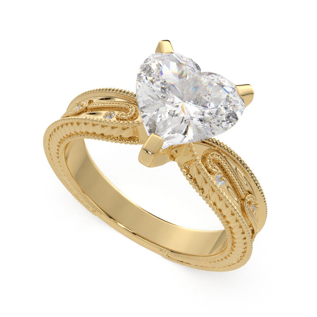 Sabrina 3 Carat Heart Cut Solitaire Hand Engraved Milgrain Engagement Ring