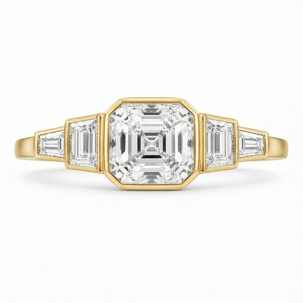 3.50 CT Asscher Cut Lab-Grown Diamond Five Stone Engagement Ring in 14K White Gold – Bezel Set Anniversary Design