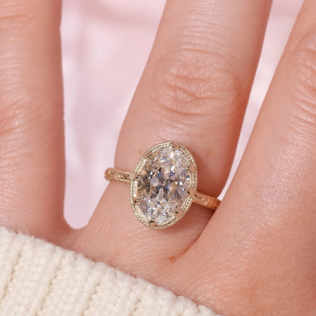 3.01 CT Moval Lab-Grown Diamond Engagement Ring in 14K White Gold – Hand-Engraved Filigree Bridal Design