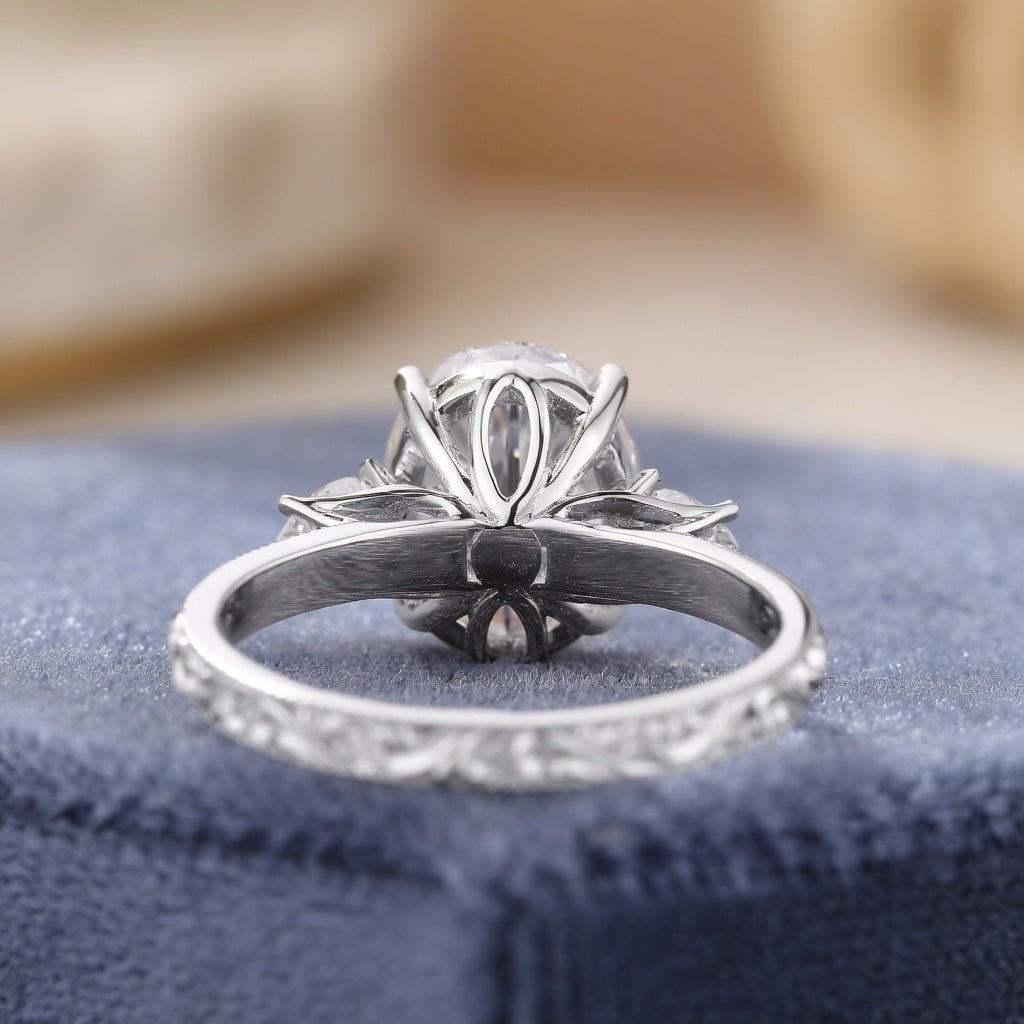 4.00 CT Oval Cut Lab-Grown Diamond Three Stone Engagement Ring in 14K White Gold – Victorian Lotus Engraved Design