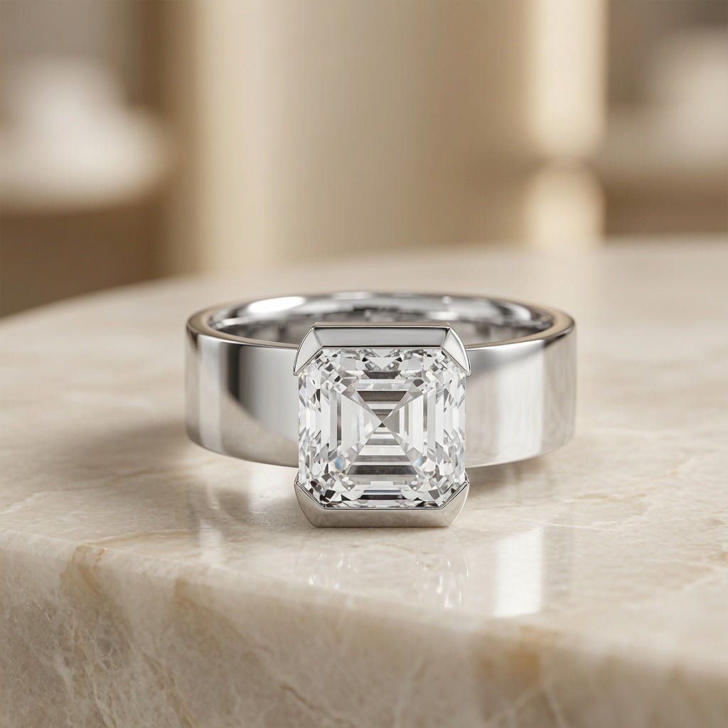 2.00 CT Asscher Cut Lab-Grown Diamond Solitaire Engagement Ring in 14K White Gold – Bezel Set Wide Band Design