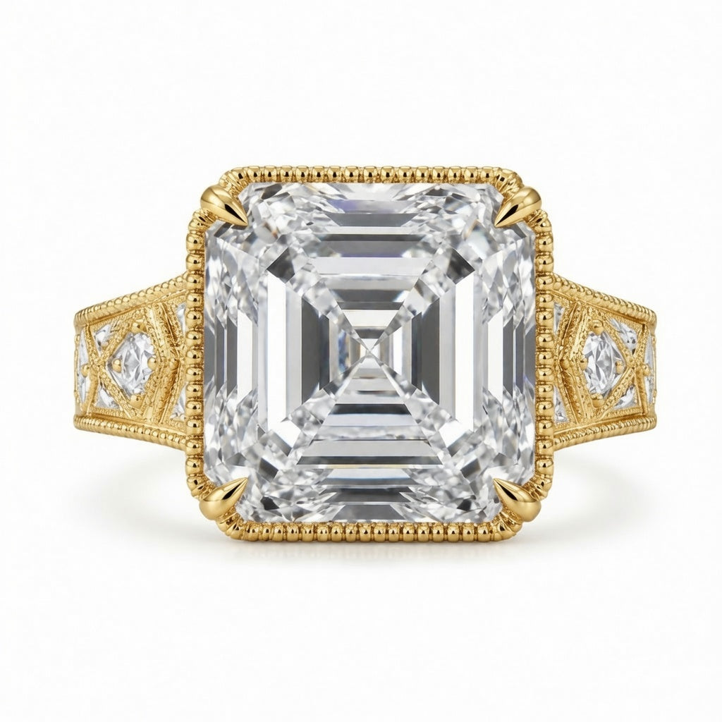 4.00 CT Asscher Cut Lab-Grown Diamond Solitaire Engagement Ring in 14K White Gold – Vintage Wide Band with Round Side Accents | IGI Certified