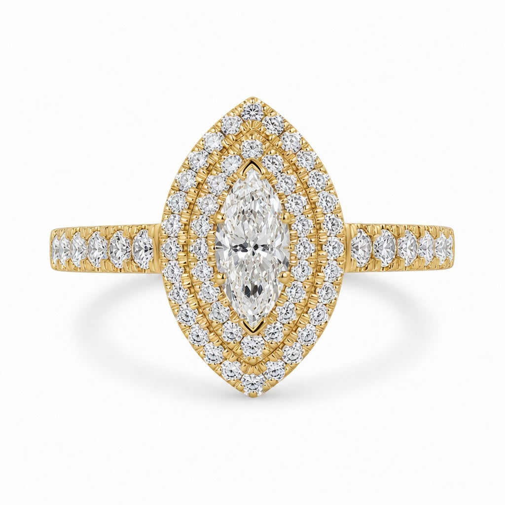 1.00 CT Marquise Cut Lab-Grown Diamond Double Halo Engagement Ring in 14K White Gold – Vintage Inspired Design
