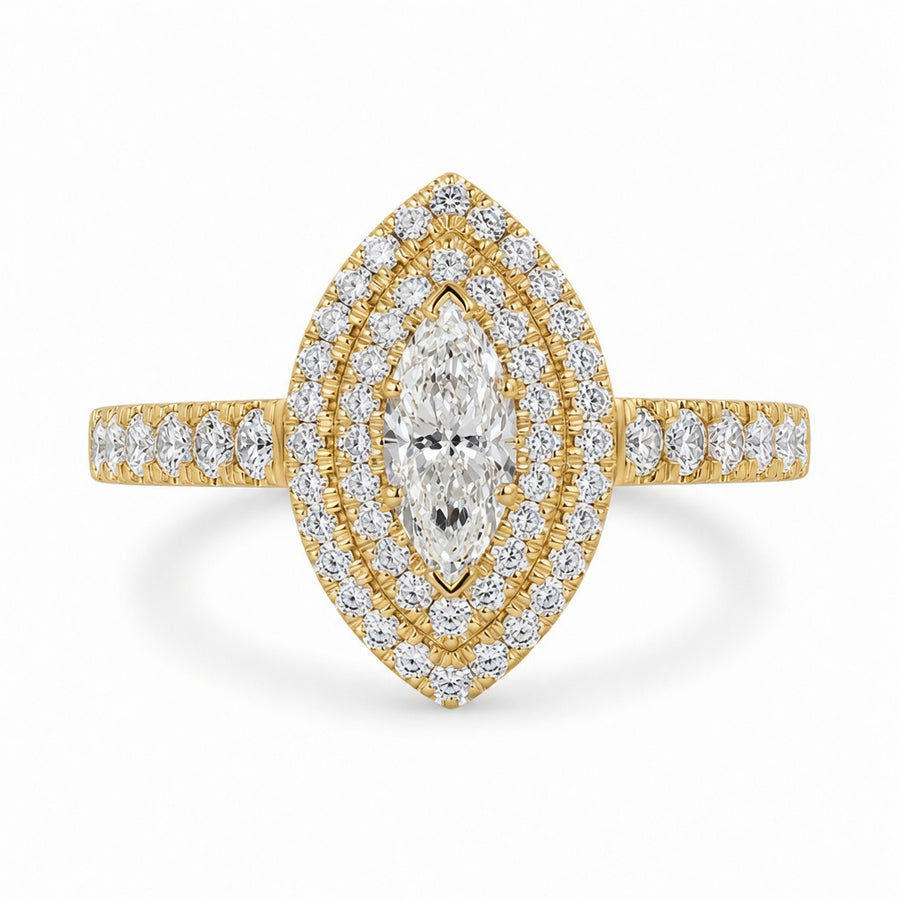 1.00 CT Marquise Cut Lab-Grown Diamond Double Halo Engagement Ring in 14K White Gold – Vintage Inspired Design