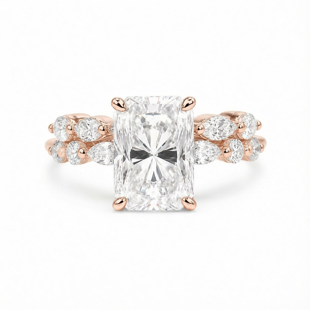 4.00 CT Radiant Cut Lab-Grown Diamond 2PCS Hidden Halo Bridal Set in 14K White Gold – Marquise Full Eternity Wedding Band Design