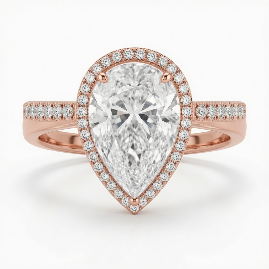 4.00 CT Pear Cut Lab-Grown Diamond Double Hidden Halo Engagement Ring in 14K White Gold – Teardrop Halo Design