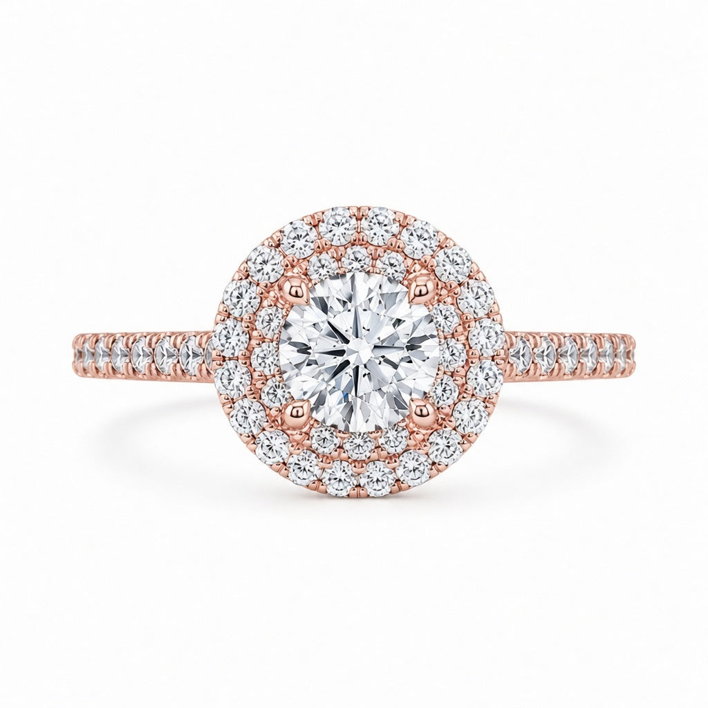 1.82 CT Round Brilliant Lab-Grown Diamond Double Halo Engagement Ring in 14K White Gold – Diamond Shank Design
