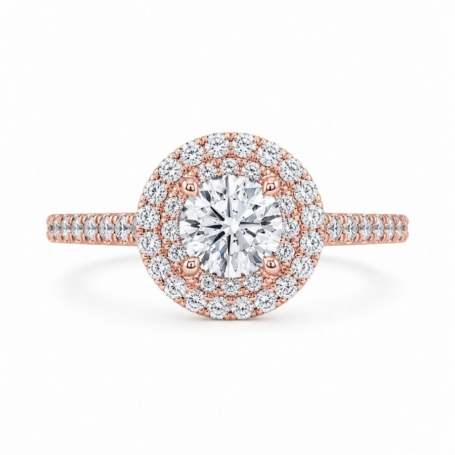 1.82 CT Round Brilliant Lab-Grown Diamond Double Halo Engagement Ring in 14K White Gold – Diamond Shank Design