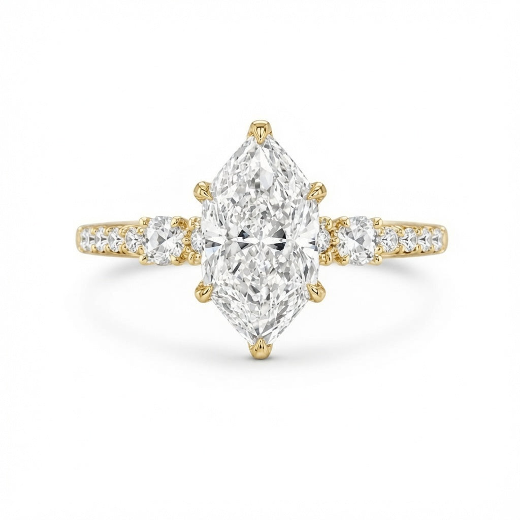 4.00 CT Dutch Marquise Lab-Grown Diamond Hidden Halo Engagement Ring in 14K White Gold – Rose Cut Side Stone Design