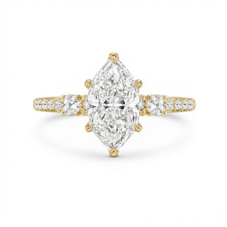 4.00 CT Dutch Marquise Lab-Grown Diamond Hidden Halo Engagement Ring in 14K White Gold – Rose Cut Side Stone Design