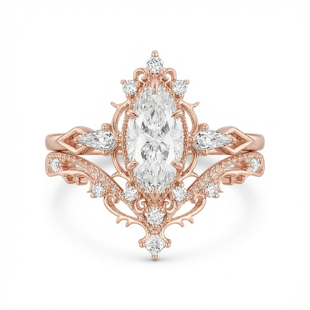 3.00 CT Vintage Marquise Lab-Grown Diamond 2PCS Bridal Set in 14K White Gold – Filigree Vine Wedding Ring Design