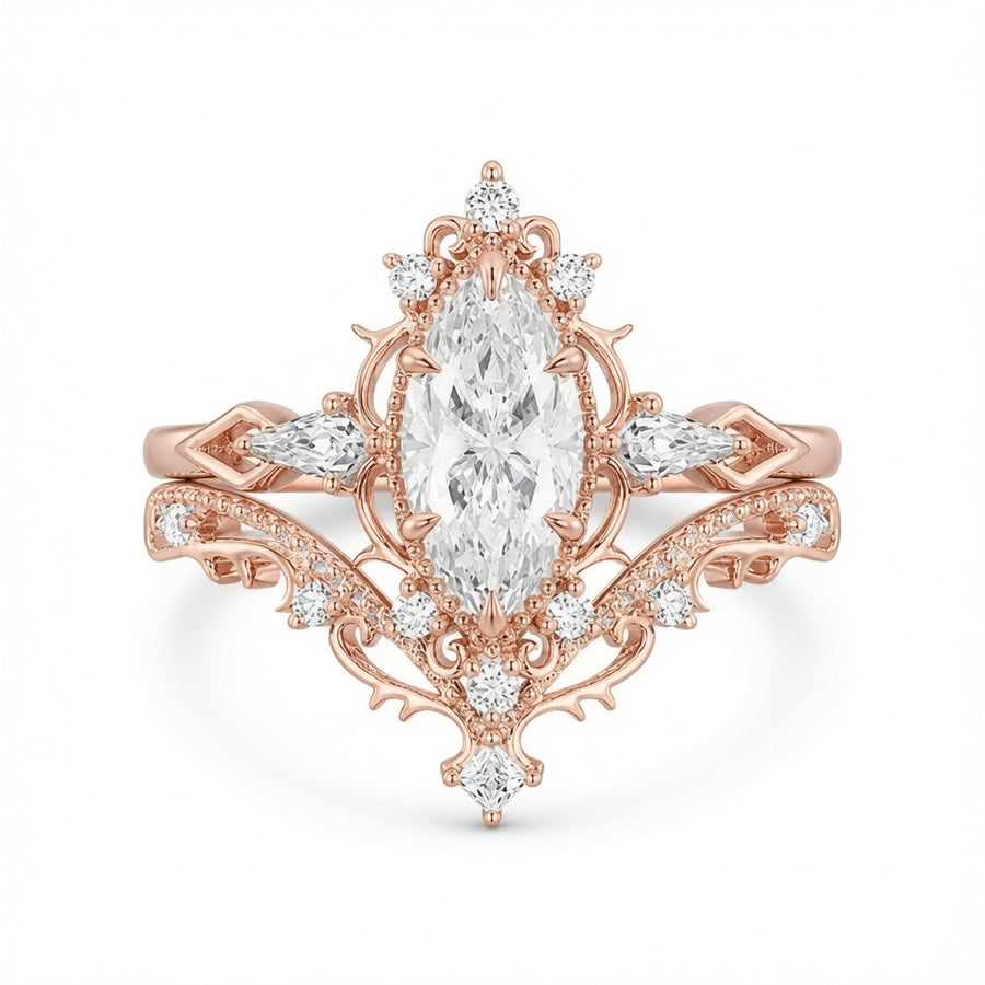 3.00 CT Vintage Marquise Lab-Grown Diamond 2PCS Bridal Set in 14K White Gold – Filigree Vine Wedding Ring Design