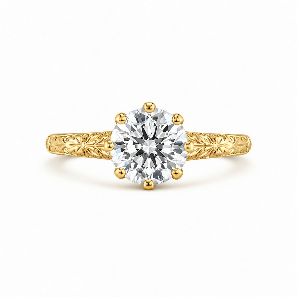1.50 CT Round Lab-Grown Diamond Hand-Engraved Engagement Ring in 14K White Gold – Vintage Carved Solitaire Band