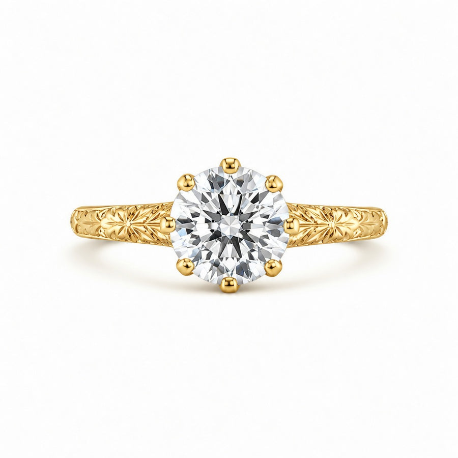 1.50 CT Round Lab-Grown Diamond Hand-Engraved Engagement Ring in 14K White Gold – Vintage Carved Solitaire Band