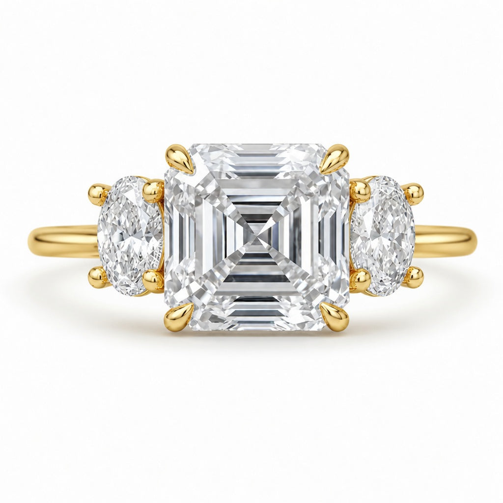 3.09 CT Asscher Cut Lab-Grown Diamond Three Stone Engagement Ring in 14K White Gold – IGI Certified Oval Side Diamond Design