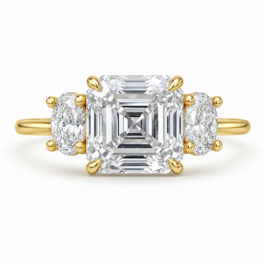 3.09 CT Asscher Cut Lab-Grown Diamond Three Stone Engagement Ring in 14K White Gold – IGI Certified Oval Side Diamond Design