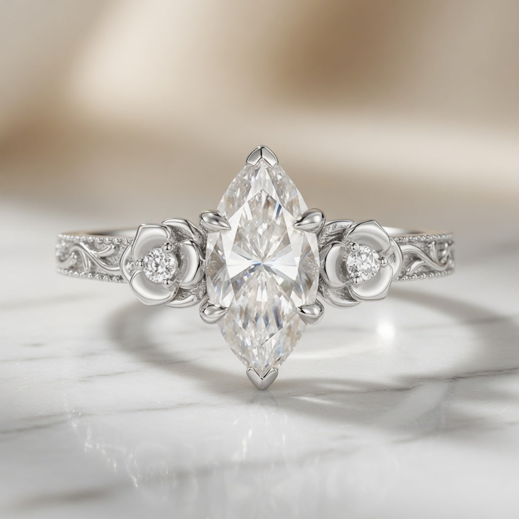 3.00 CT Vintage Marquise Cut Lab-Grown Diamond Engagement Ring in 14K White Gold – Milgrain Filigree Floral Vine Design