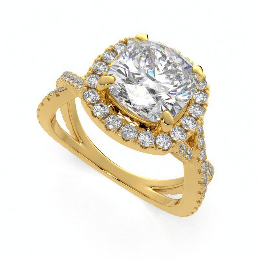 Ophelia 3.35 Carat Cushion Cut Pave Halo Split Shank Engagement Ring